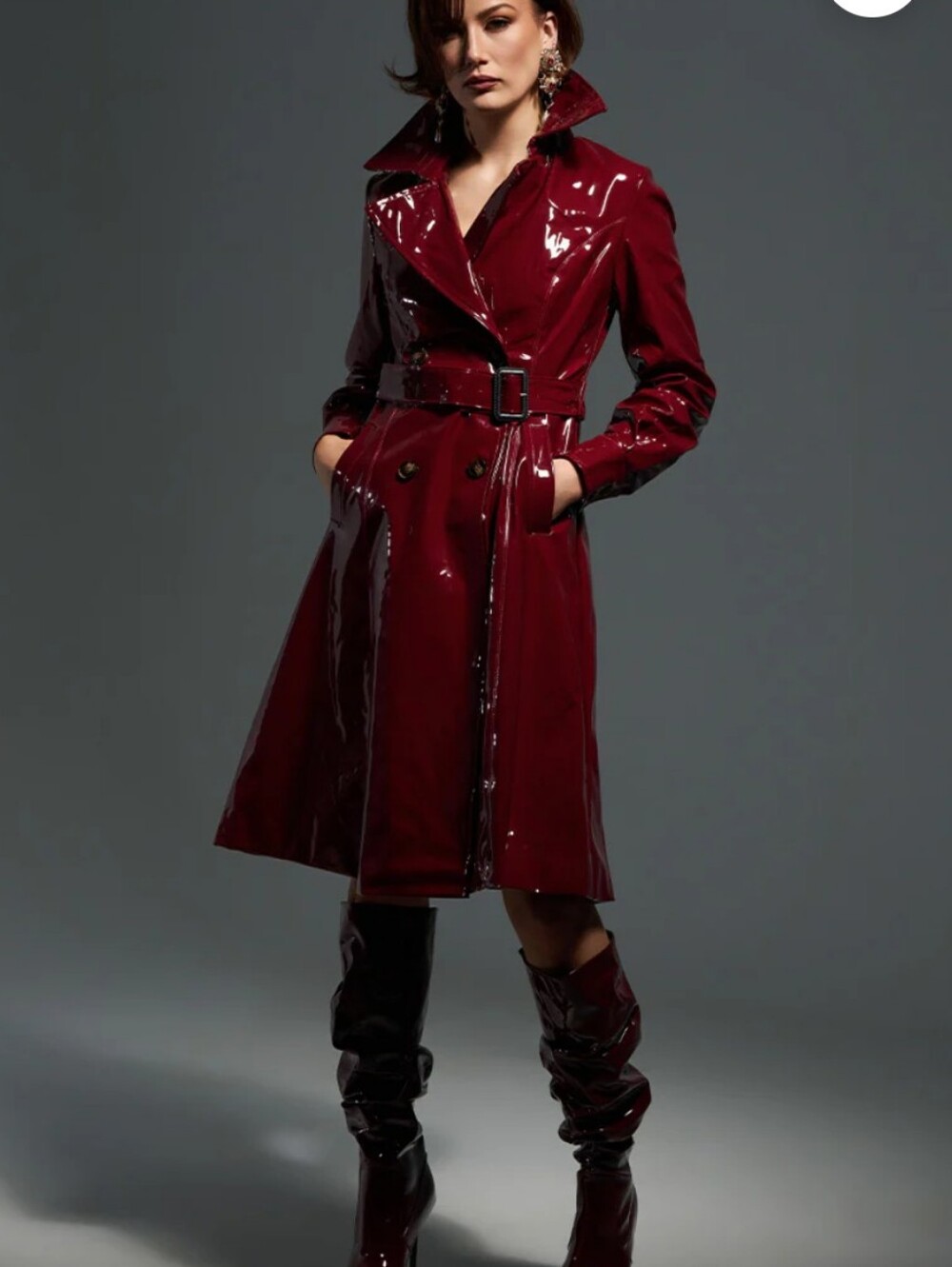 AKIRA Glossy Wine-Red Patent Trench Coat